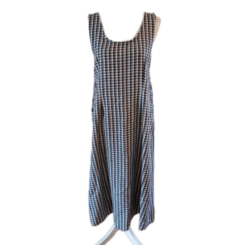 Vtg Notations Jumper Overall Dress Medium Black White Plaid Modest Y2K Long Knit
